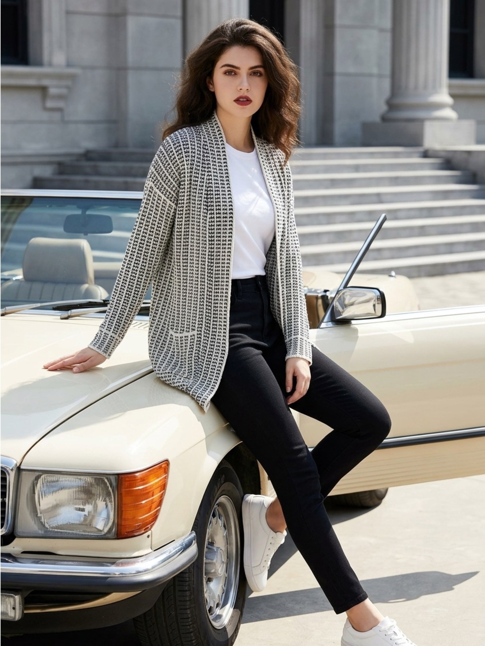 Pink Republic Women’s XL Black & White Open-Front Chunky Knit Cardigan Blazer